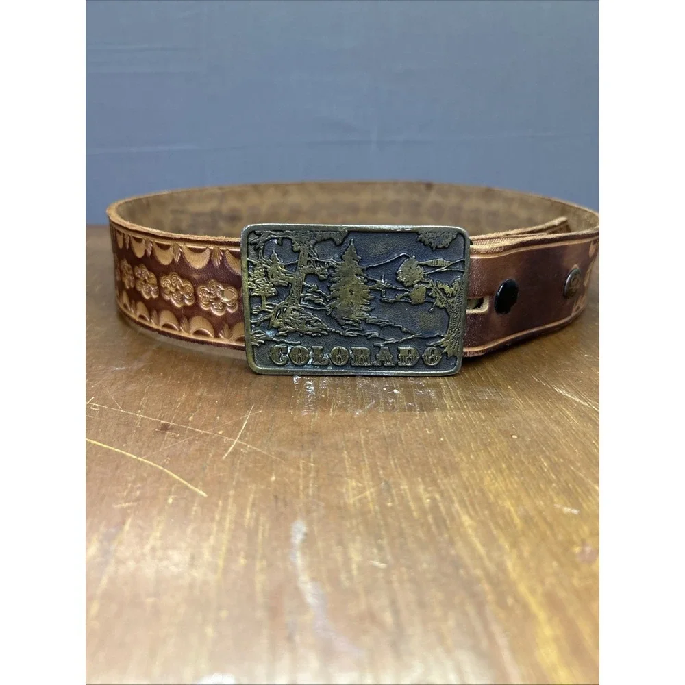 Vintage Adezy Solid Brass Colorado Belt Buckle 1975 Hand Tooled Leather Belt 34